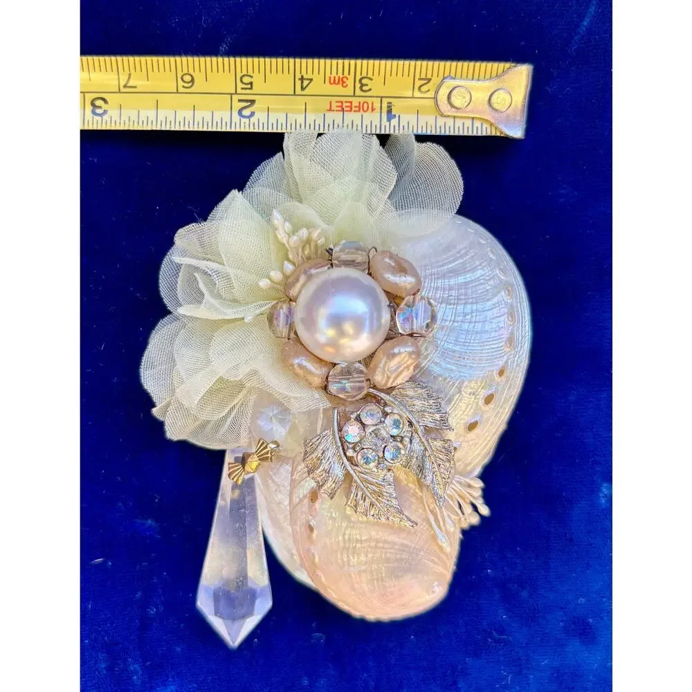 3.5 in Vintage Mother of Pearl Brooch Pin Crystal Rhinestone Embellishment New
